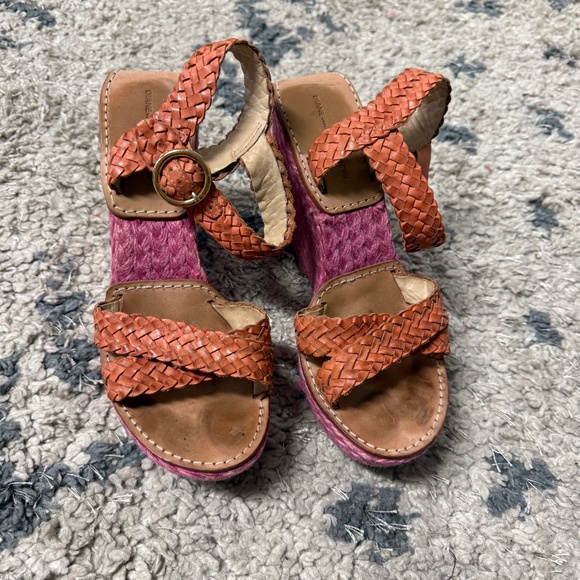 Diane von Furstenberg Pink Woven Wedge Orange Leather Straps Sandals Size 7M - Picture 2 of 10